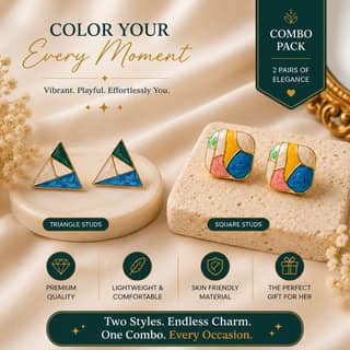 Elegantra Geometric Stud Earrings Combo for Women & Girls (Pack of 2 Pairs) | Multicolor Enamel Triangle & Square Studs | Anti-Tarnish Gold-Plated Western Fashion Jewellery Set