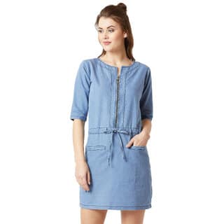 Miss Chase Women's Light Blue Round Neck 3/4 Sleeve Denim Solid Midi Shift Dress