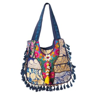 PREET SPICE Handwork Cotton Rope Crossbody Handbag, Bohemian Patchwork Embroidered Tote, Blue Summer Beach Shoulder Handbag for Women, Ladies