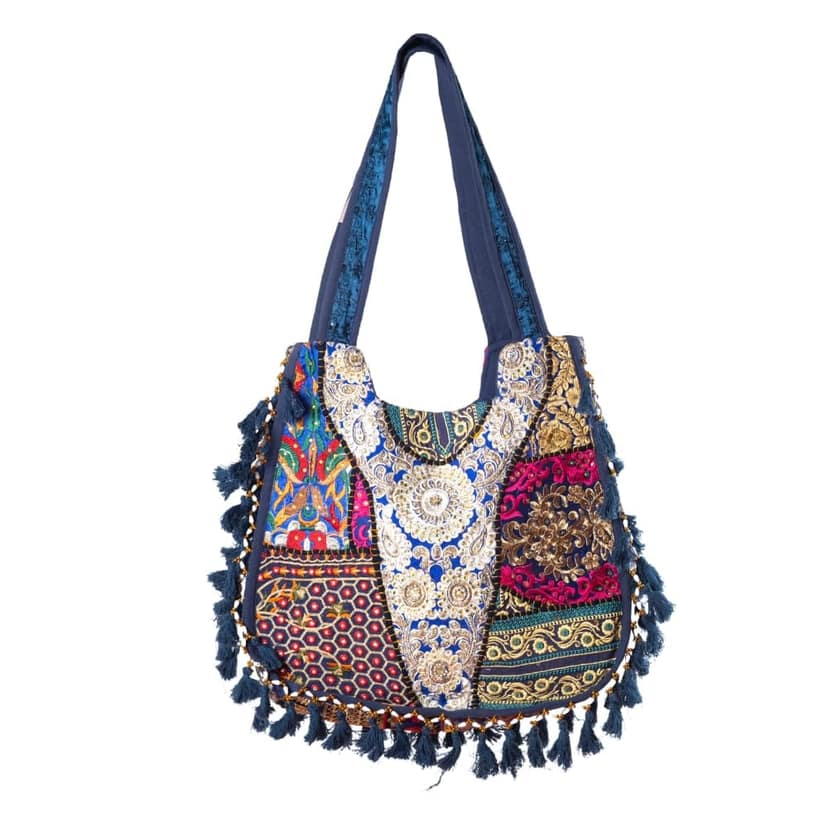 PREET SPICE Handwork Cotton Rope Crossbody Handbag, Bohemian Patchwork Embroidered Tote, Blue Summer Beach Shoulder Handbag for Women, Ladies view 2