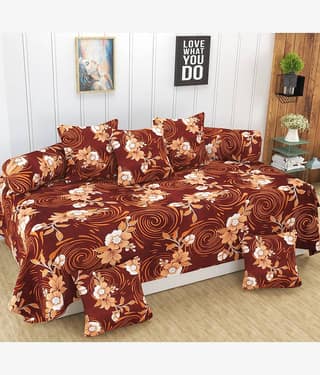Homefab India Microfibre Floral Diwan Set 8 Pcs - Brown