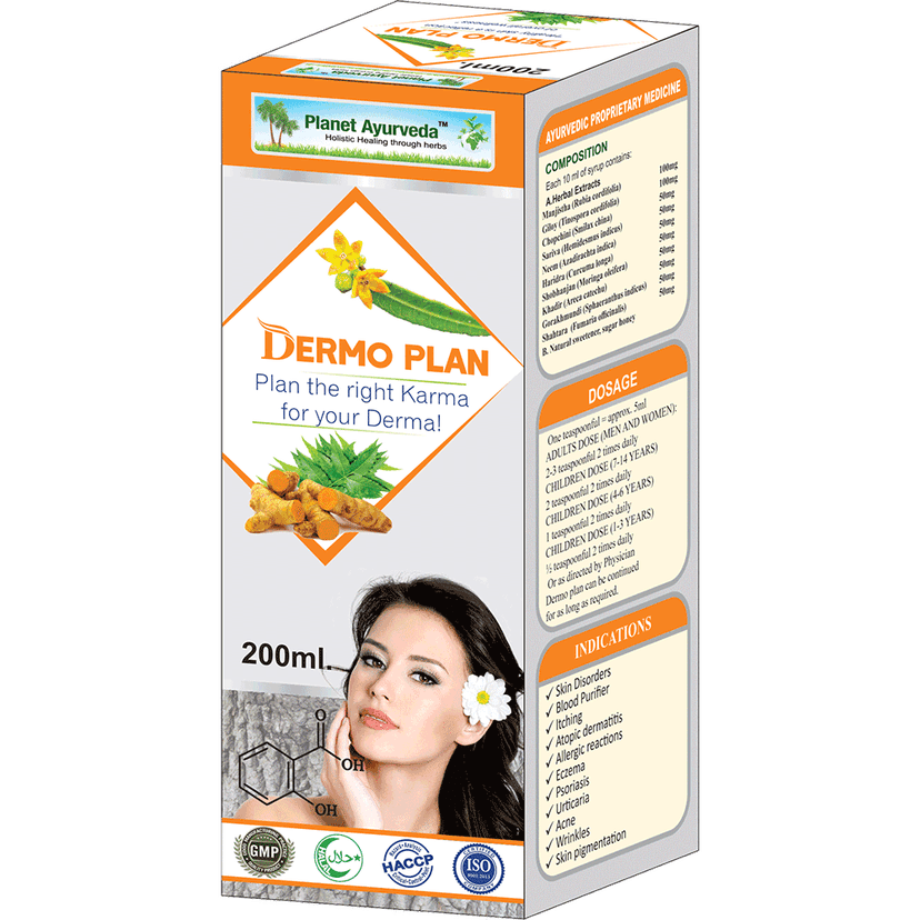 Planet Ayurveda Dermo Plan Syrup [Pack of 3] - 200ml Ayurvedic Skin Care Syrup for Men and Women - Natural Blood Purifier for Itching, Atopic Dermatitis, Allergic Reactions, Eczema, Psoriasis, Urticaria, Acne, Wrinkles, Skin Pigmentation