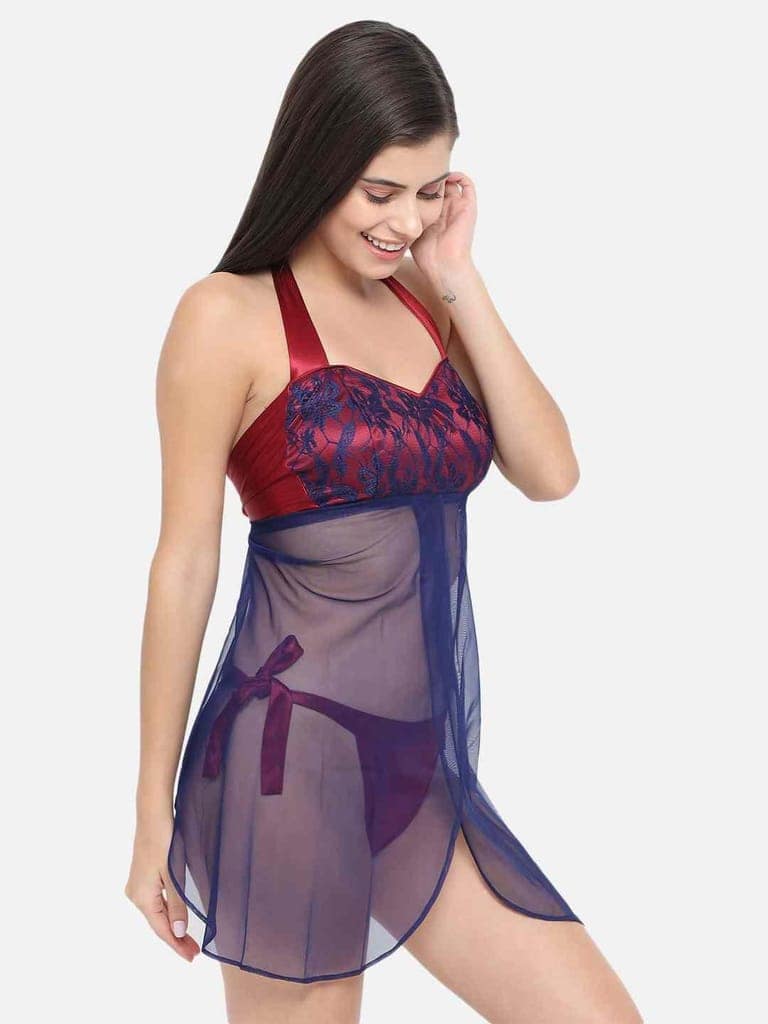 Hot Bridal Maroon Net Babydoll Honeymoon Bikini & Night Dress With Panty-B33M-S-10XL view 5