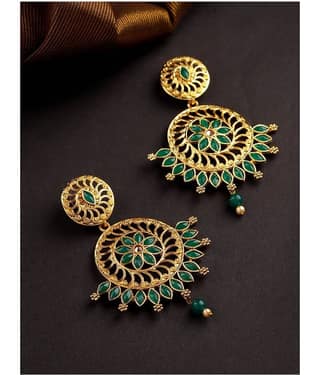 Priyaasi Traditional Green Coloured Stone Gold Plated Drop Earrings for Women and Girls