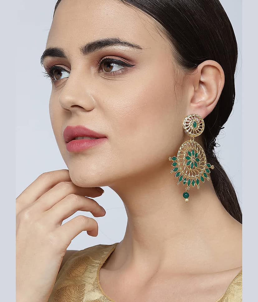 Priyaasi Traditional Green Coloured Stone Gold Plated Drop Earrings for Women and Girls view 2