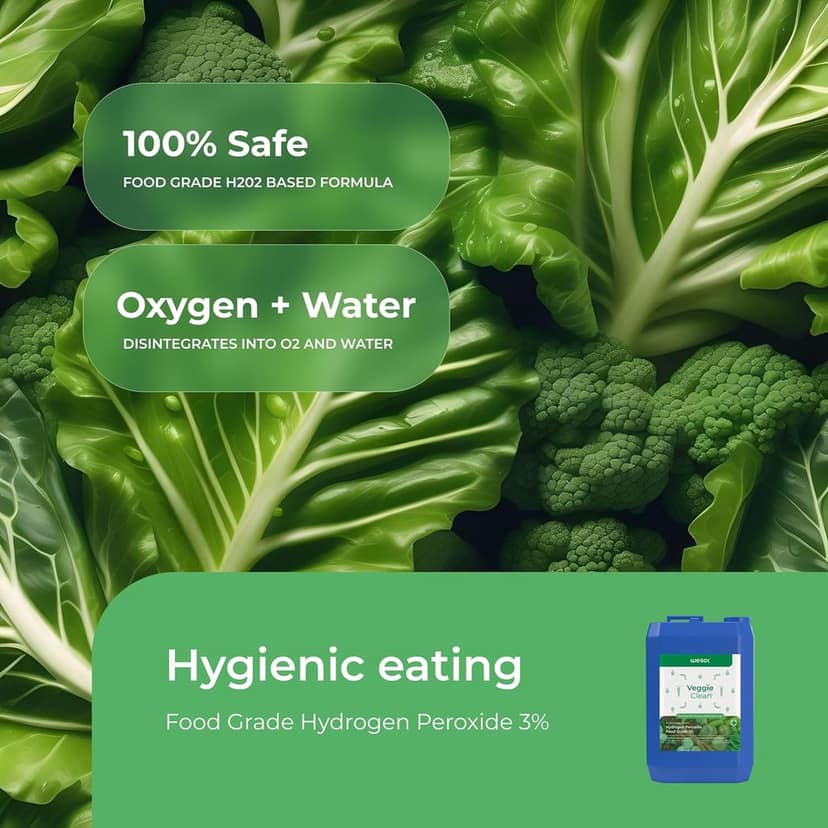 Wesol Vegetable Wash Liquid Hydrogen Peroxide 3% w/w Food Grade - 5L Multi-Use Disinfectant | Kills 99.9% Germs & Viruses | Best For Cleaning, General Disinfection, Deodorising, Food production units view 5