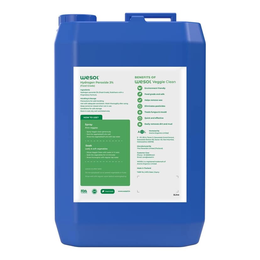 Wesol Vegetable Wash Liquid Hydrogen Peroxide 3% w/w Food Grade - 5L Multi-Use Disinfectant | Kills 99.9% Germs & Viruses | Best For Cleaning, General Disinfection, Deodorising, Food production units view 6