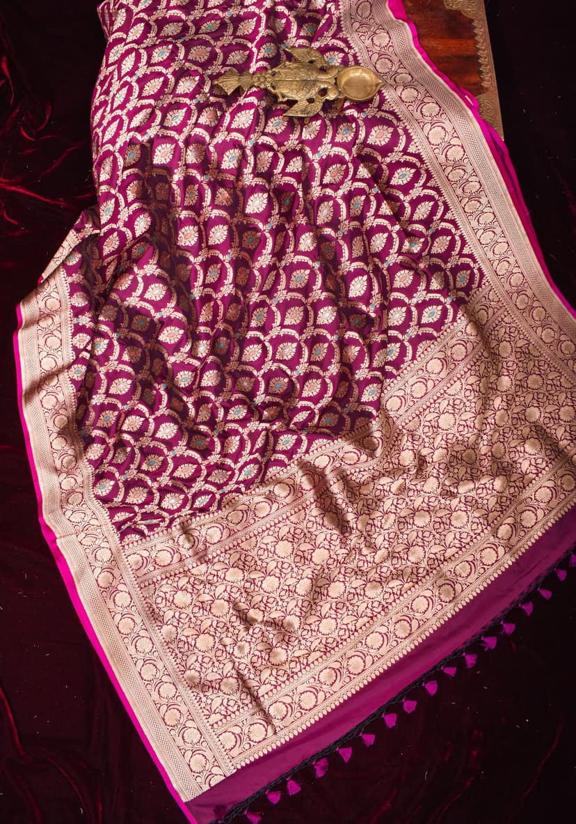 Exquisite Meenakari Arches Jaal Banarasi Katan Silk Saree in Plum | SILK MARK CERTIFIED