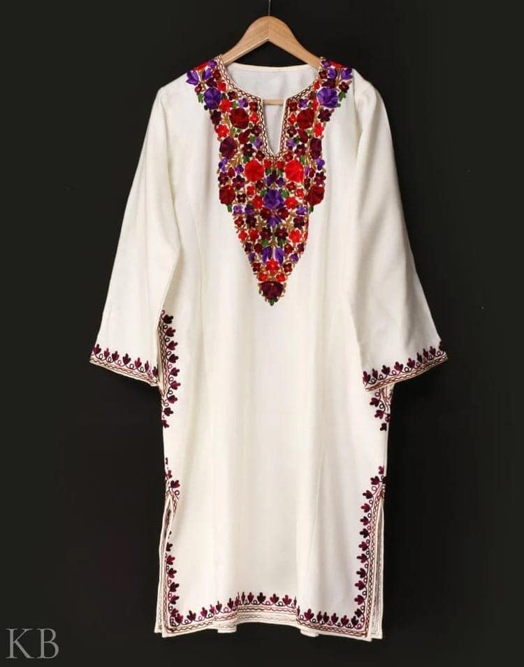 Pure White Aari Embroidered Kashmilon Phiran