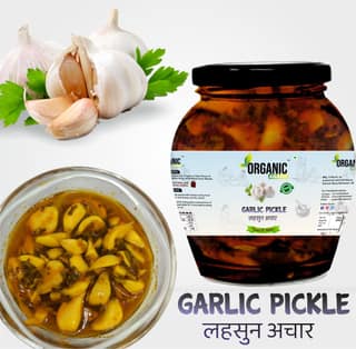 Organic Anand Homemade Garlic Pickle 350gm Lahsoon/Lassan/Lahsun Ka Achaar with Neemwood Spoon, Flavourful, Delicious, Traditional Taste (Pack of 1)