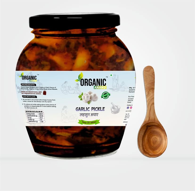 Organic Anand Homemade Garlic Pickle 350gm Lahsoon/Lassan/Lahsun Ka Achaar with Neemwood Spoon, Flavourful, Delicious, Traditional Taste (Pack of 1) view 2