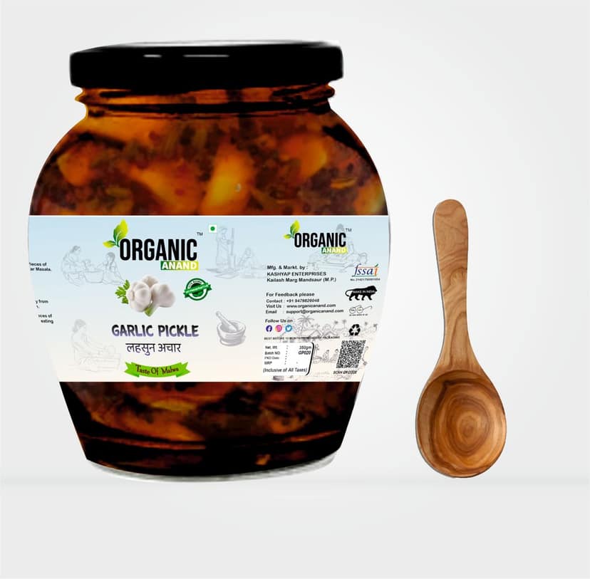 Organic Anand Homemade Garlic Pickle 350gm Lahsoon/Lassan/Lahsun Ka Achaar with Neemwood Spoon, Flavourful, Delicious, Traditional Taste (Pack of 1) view 3