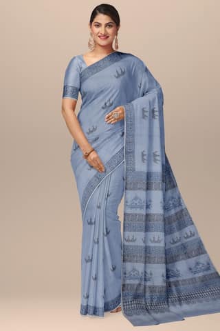 Grey Hand Block Print Tribal Tattoo Sausar Silk Saree SKU-AS10002