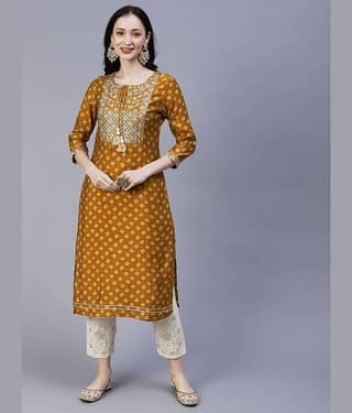 Kapadia Women's Rayon Embellished Straight Kurti - ( Orange )
