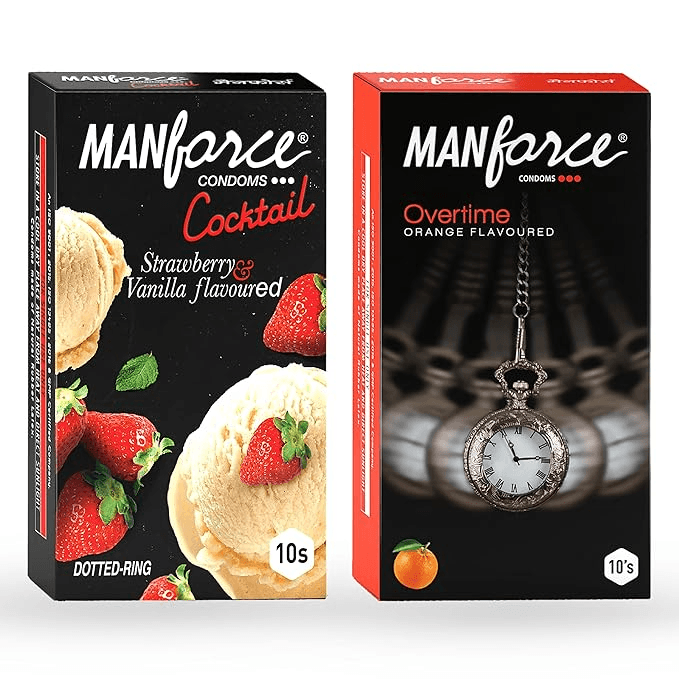 MANFORCE Cocktail Condoms with Dotted-Rings Strawberry & Vanilla Flavoured- 10 Pieces & 3 in 1 Condoms (Ribbed Contour Dotted) Overtime Orange Flavoured- 10 Pieces Condom (Set of 2 20 Sheets)