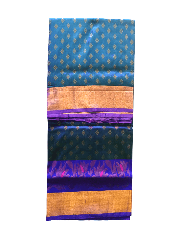 Elegant Teal & Royal Blue Uppada Pattu Saree with Zari Weave & Floral Motifs view 2