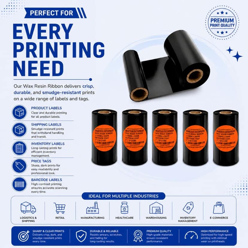 Wax Resin Ribbon 110mm x 300m – Ink Outside | Durable Thermal Transfer Ribbon for TSC, Zebra & Other Barcode Printers view 4