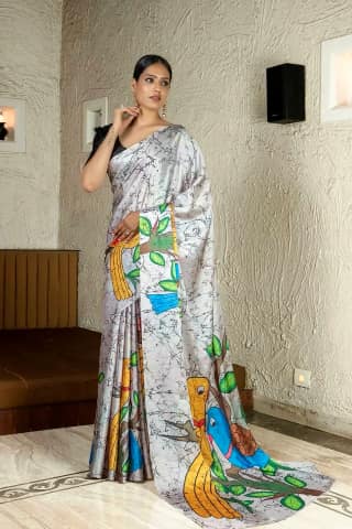 Cream Coloured & Yellow Ethnic Motifs Satin Saree by SHIV TEXTILES