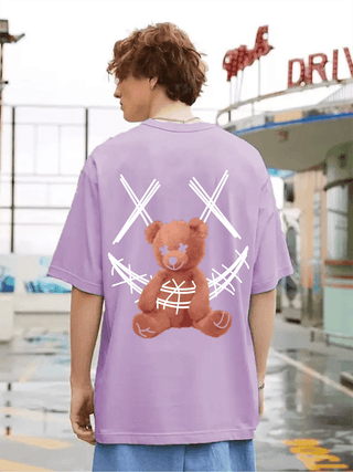 SCOTT FINCHER Men's Harajuku Streetwear T-Shirt with Distressed Teddy Bear Graphic : AA(ARN)LAVANDER_08