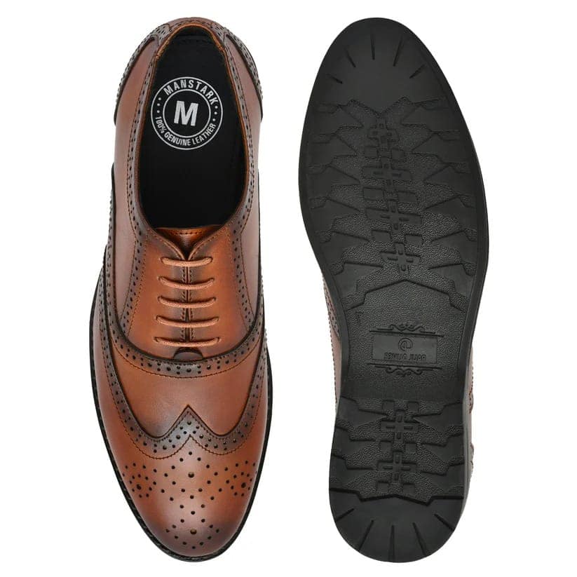 MANSTARK PRESENT 100% GENUINE LEATHER HANDCRAFTED FORMAL LACE-UP DERBY STYLE SHOES FULL BROUGES WITH WINGTIPS FOR MENS. view 3