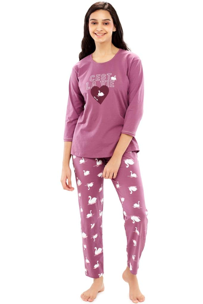 ZEYO Women's Cotton Brown Swan Printed Night suit set view 5