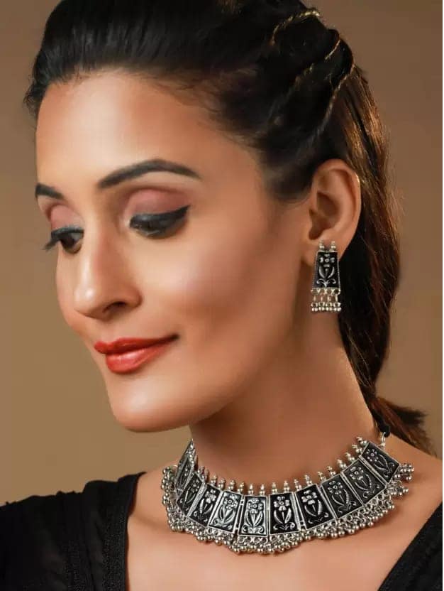 Pujvi Fashions oxidised black Meenakari Choker Necklace set view 2