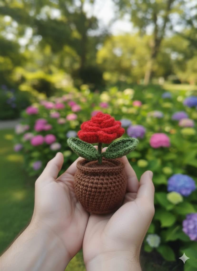 Crochet Handmade Red Rose Pot (1 steam) view 2