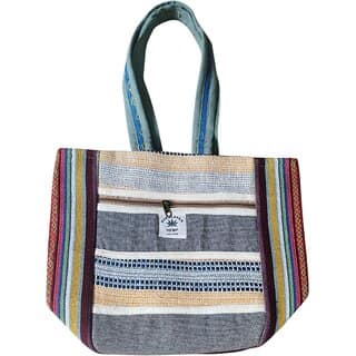 Handcrafted Multicolor Hemp Tote Bag with Striped Side Panels