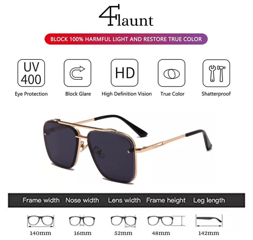 4Flaunt UV400 Protected Vintage Pilot Gradient Driving Metal Body Square Sunglasses For Men And Women (C3 - Gold Frame/Black Lenses) view 7