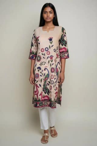 Block Print Cotton Kurti Light Khaki