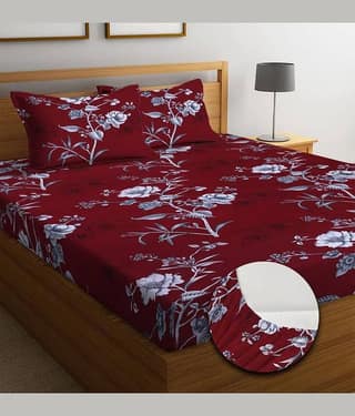 SHOMES Cotton Floral Fitted 1 Bedsheet with 2 Pillow Covers ( Double Bed ) - Maroon