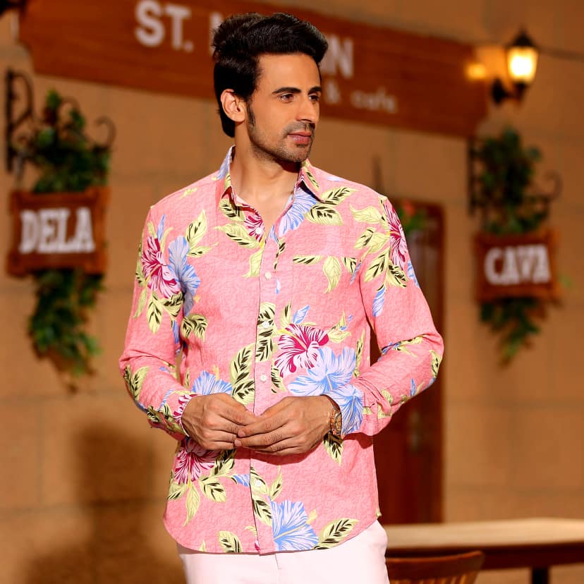 Hibiscus Flower Salmon Pink Casual Full Shirt (Size - S) by BLUE EAGLE