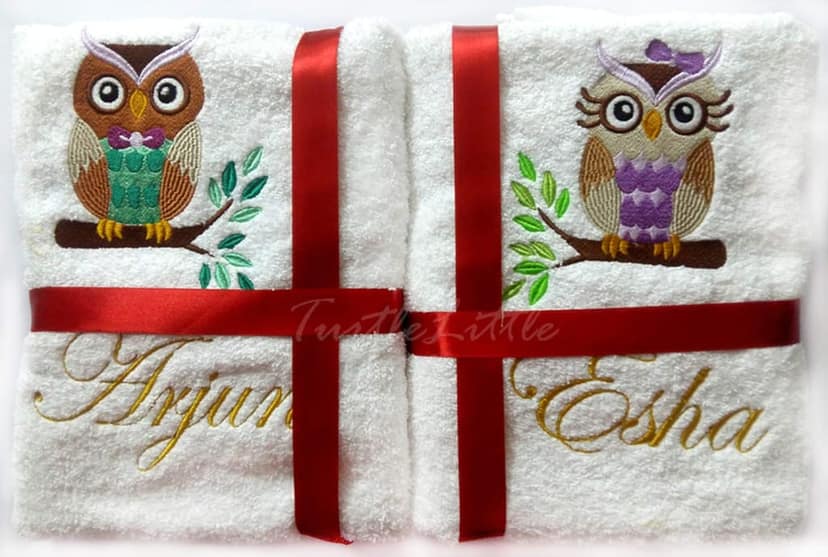 TurtleLittle, 100% Cotton, Personalised Owls Valentines Couple Bath Towels, 600 GSM (Set of 2, White)