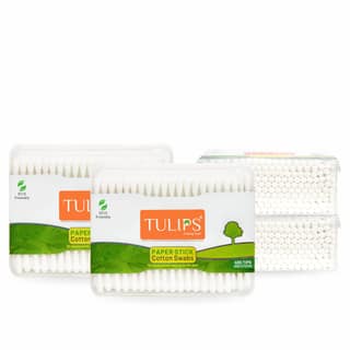 TULIPS Cotton Ear Buds/Swabs (Pack of 4) with white Paper Sticks 200/400 Tips in a Flat Box TULIPS Cotton Ear Buds/Swabs (Pack of 4) with white Paper Sticks 200/400 Tips in a Flat Box - White / Pack of 4