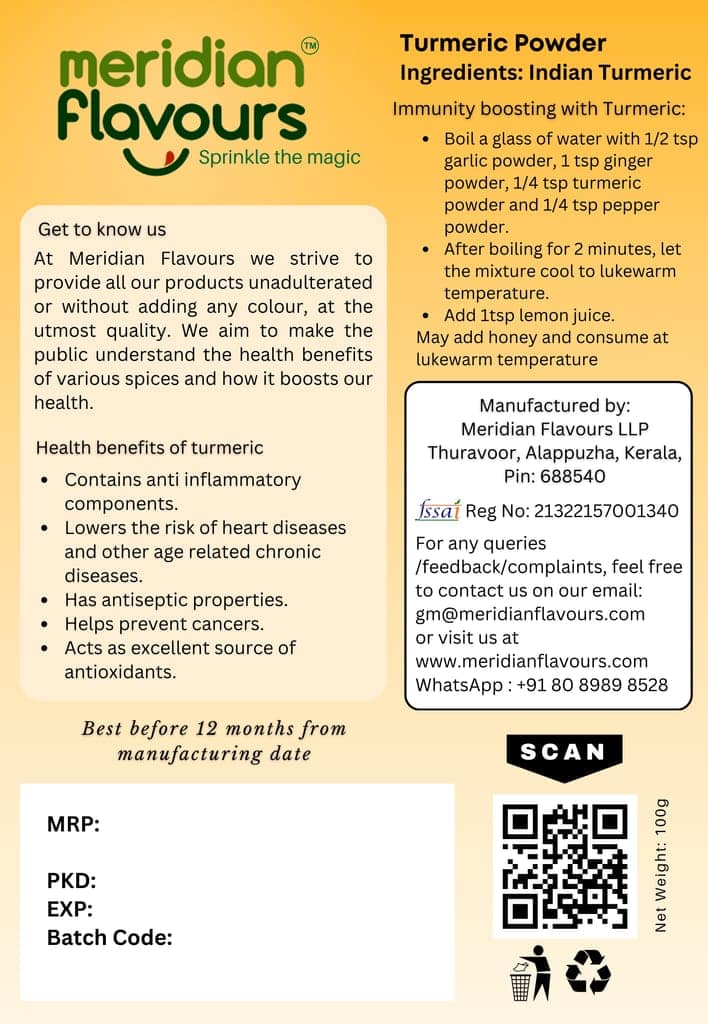 Meridian Flavours Dehydrated Turmeric Powder | Washed and Cleaned Without Outer Skin | Rich in Curcumin | 100% Natural and Preservatives Free | (Turmeric Powder, 100gm) view 4