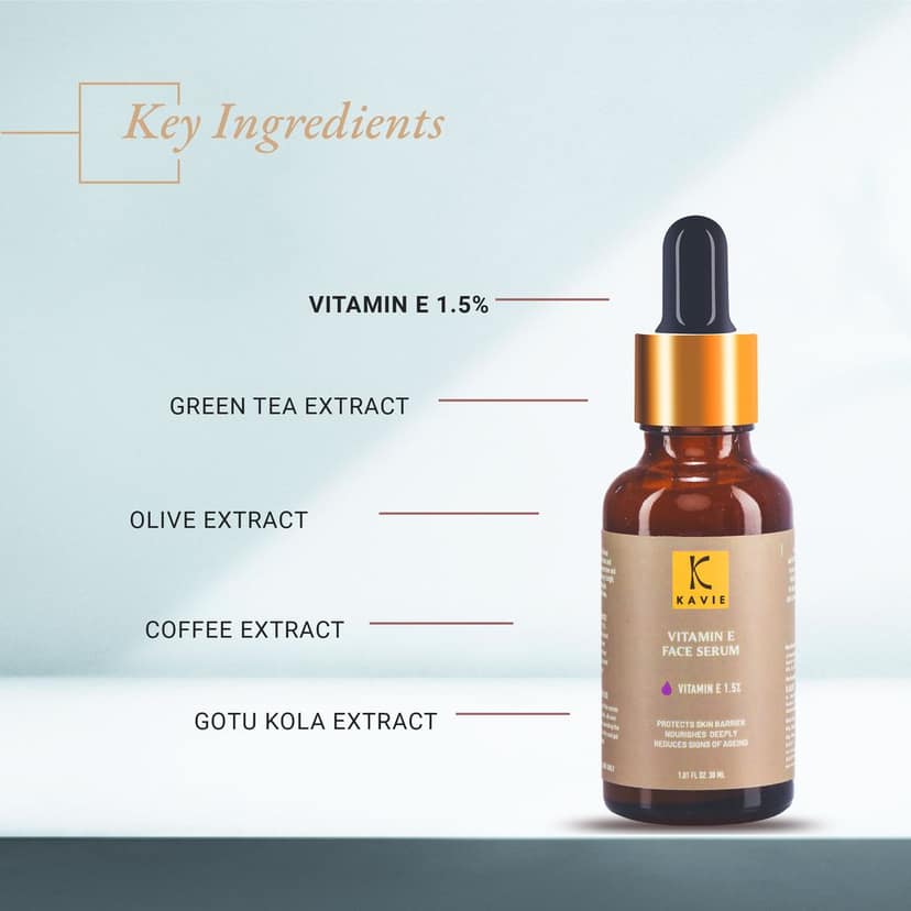 KAVIE Pure Vitamin E Serum 1.5% with Green Tea, Olive, Coffee, and Gotu Kola Extracts - Natural Antioxidant Formula for Skin Brightening and Youthful Glow | Anti-Ageing view 3