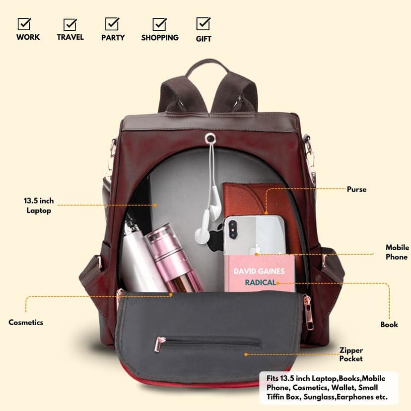 VISMIINTREND Women Backpack for Office Use Upto 13 Inch Laptop | Stylish Backpack Bag | Travel | School | College | Office Use | Anti Theft Convertible Backpack view 6