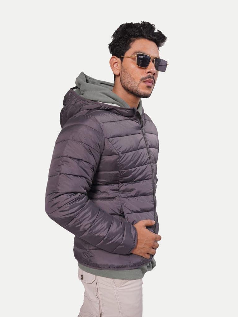 Men Classic Violet puffed quilted Jacket with side pockets and hoodie view 3