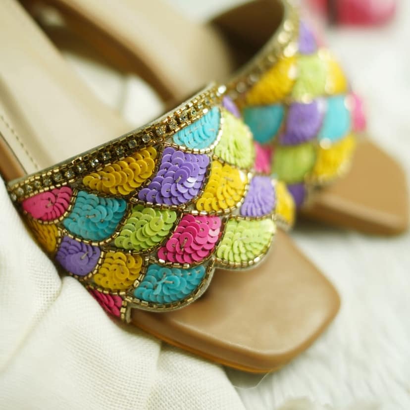 Women's Sequin Embroidered Slip-On Flats Sandals with Colorful Fish Scale Pattern view 3