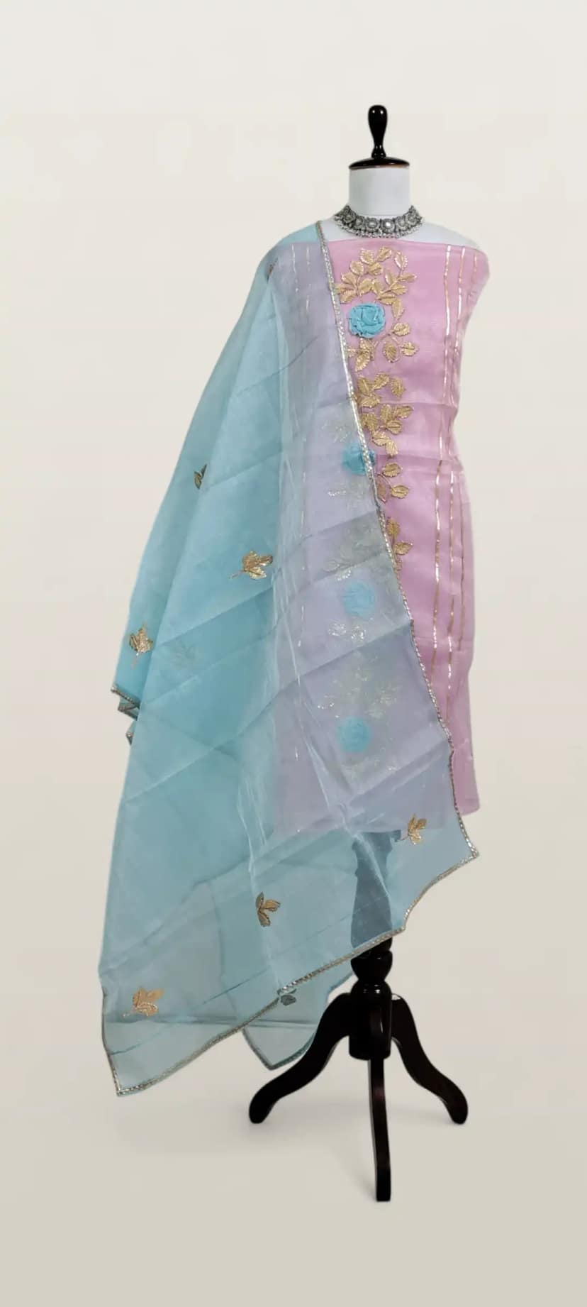 Kota Doria Dress Material Pastel Pink Gold Rose Vine