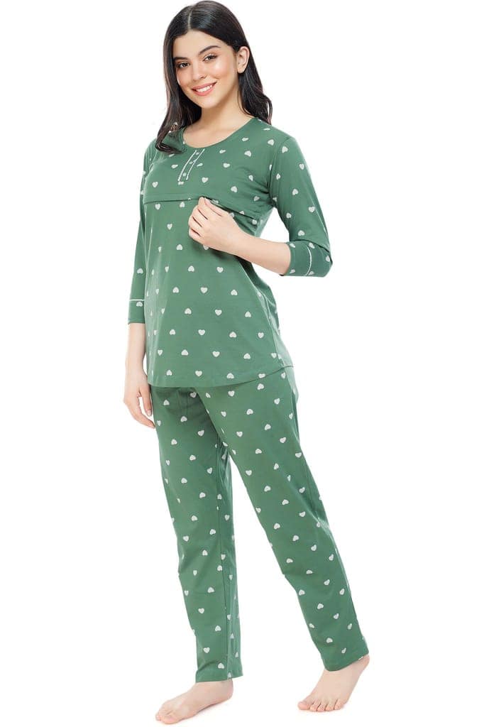 ZEYO Women Cotton Green Heart Print Nursing & Feeding Night Suit view 4