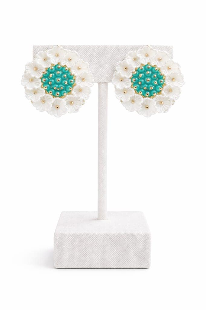 Chic Floral White and Teal Beaded Stud Earrings view 2