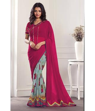 BLEESBURY Georgette Printed Saree With Unstitched Blouse Piece ( Navy Blue )