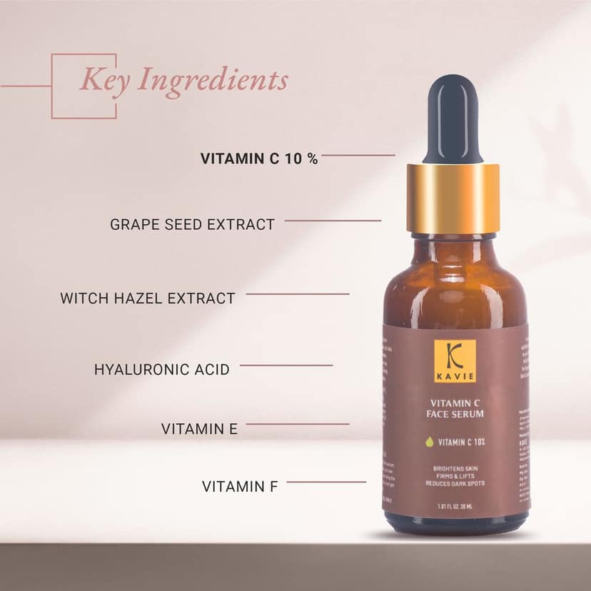 KAVIE Vitamin C 10% Face Serum with Hyaluronic Acid, Vitamin E& F | for Skin Brightening | Reduces Dark Spots view 3