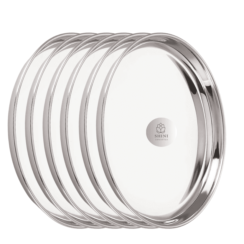 SHINI LIFESTYLE High Gloss Mirror Finish Bhojan Thali Set, Dinner Plates, Lunch Plate(Dia-30cm, 6Pc)