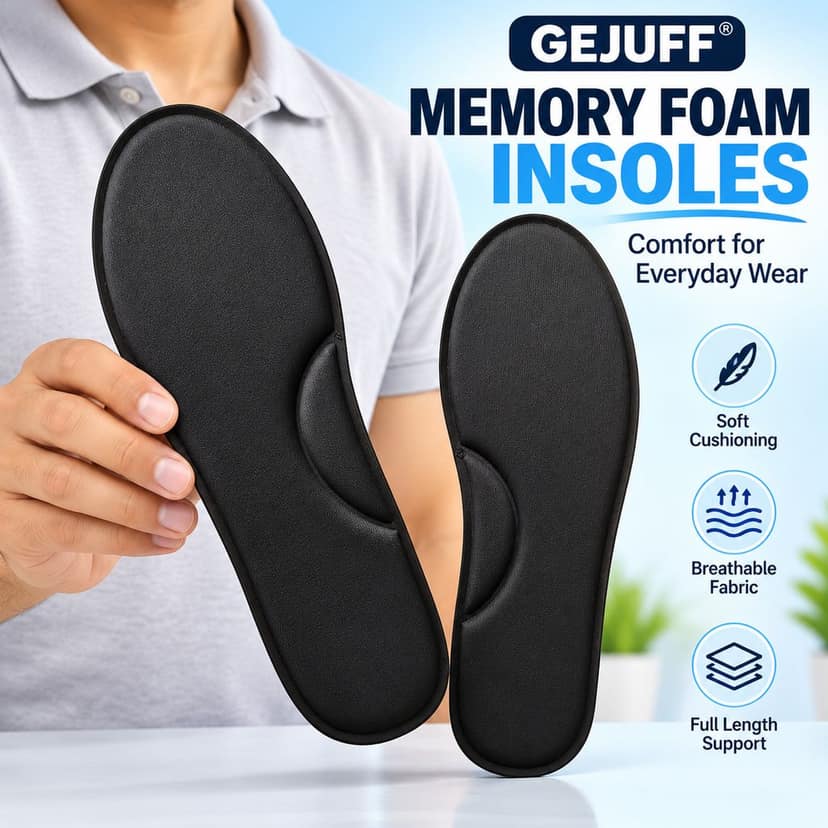 GEJUFF Premium Memory Foam Insole | Arch Support Shoe Inserts for Men & Women | Comfortable Breathable Cushioning Pads for Walking & Running (1 Pair, Black) view 5