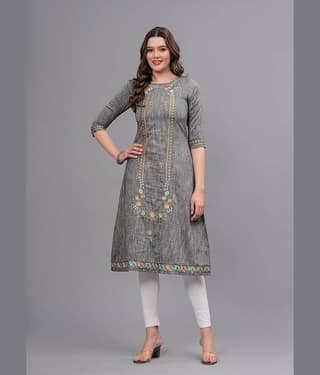 MAUKA Pack of 1 Cotton Embroidered A-line Women's Kurti - ( Grey )