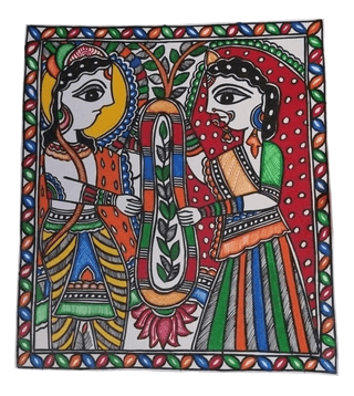 Exquisite Handcrafted Madhubani Painting of Radha and Krishna on Handmade Paper - 22x30 Inches