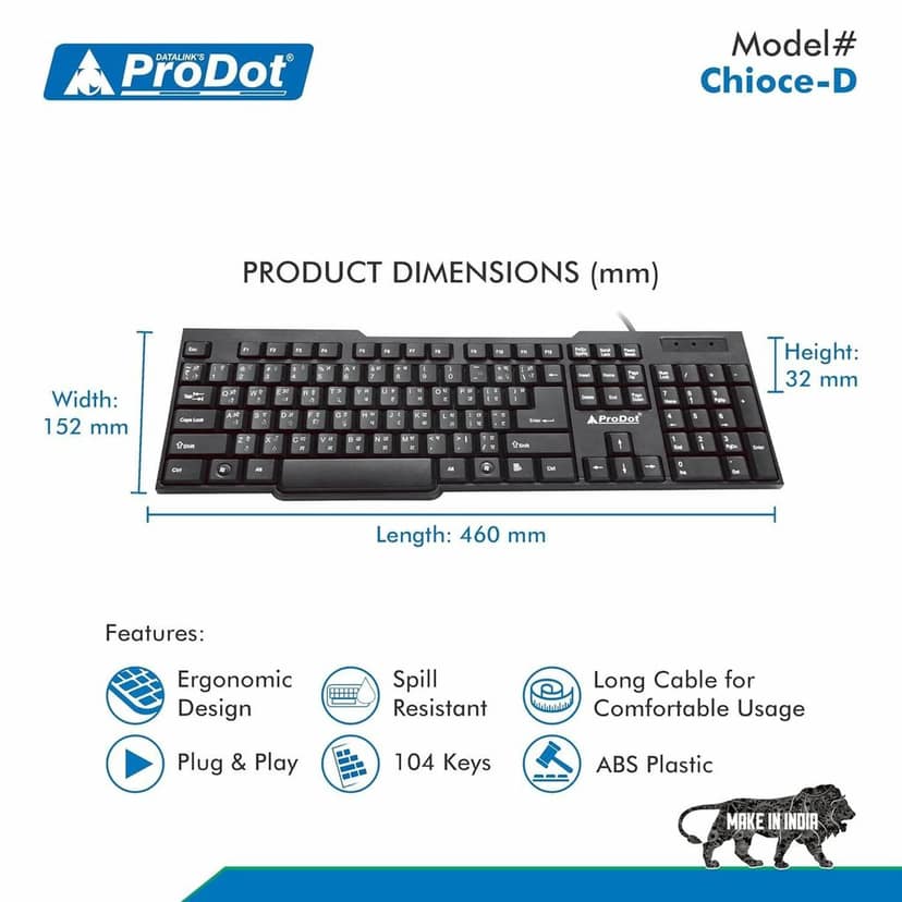 ProDot Choice QWERTY �Made in India� Keyboard with 104 Low Profile Keys, Spill Resistant Design for Windows, Mac, PC, Laptop (Hindi & English, Pack of 02) view 3