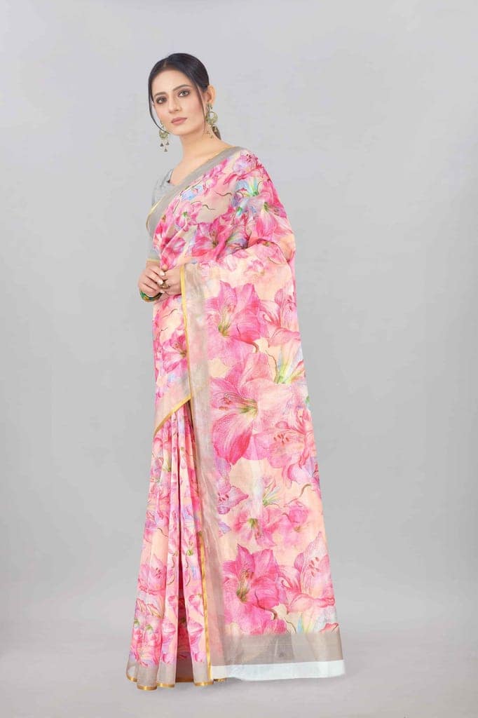 Pink Organza Digital Printed Saree with Zari Border view 2